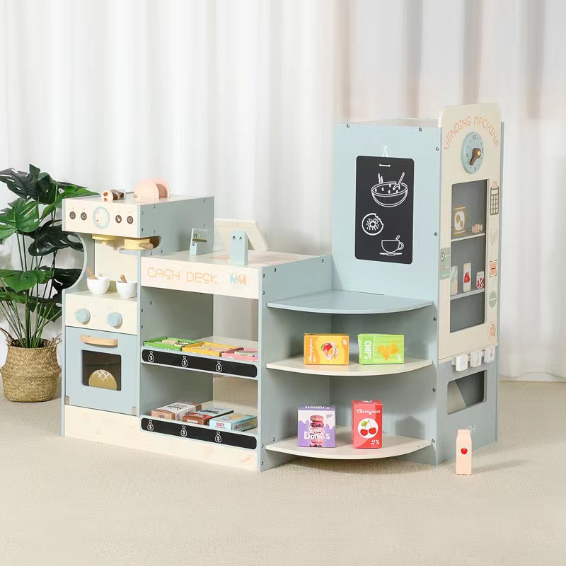 Toy Cash Register - مجموعة لعب متجر البقالة الخشبية للأطفال،